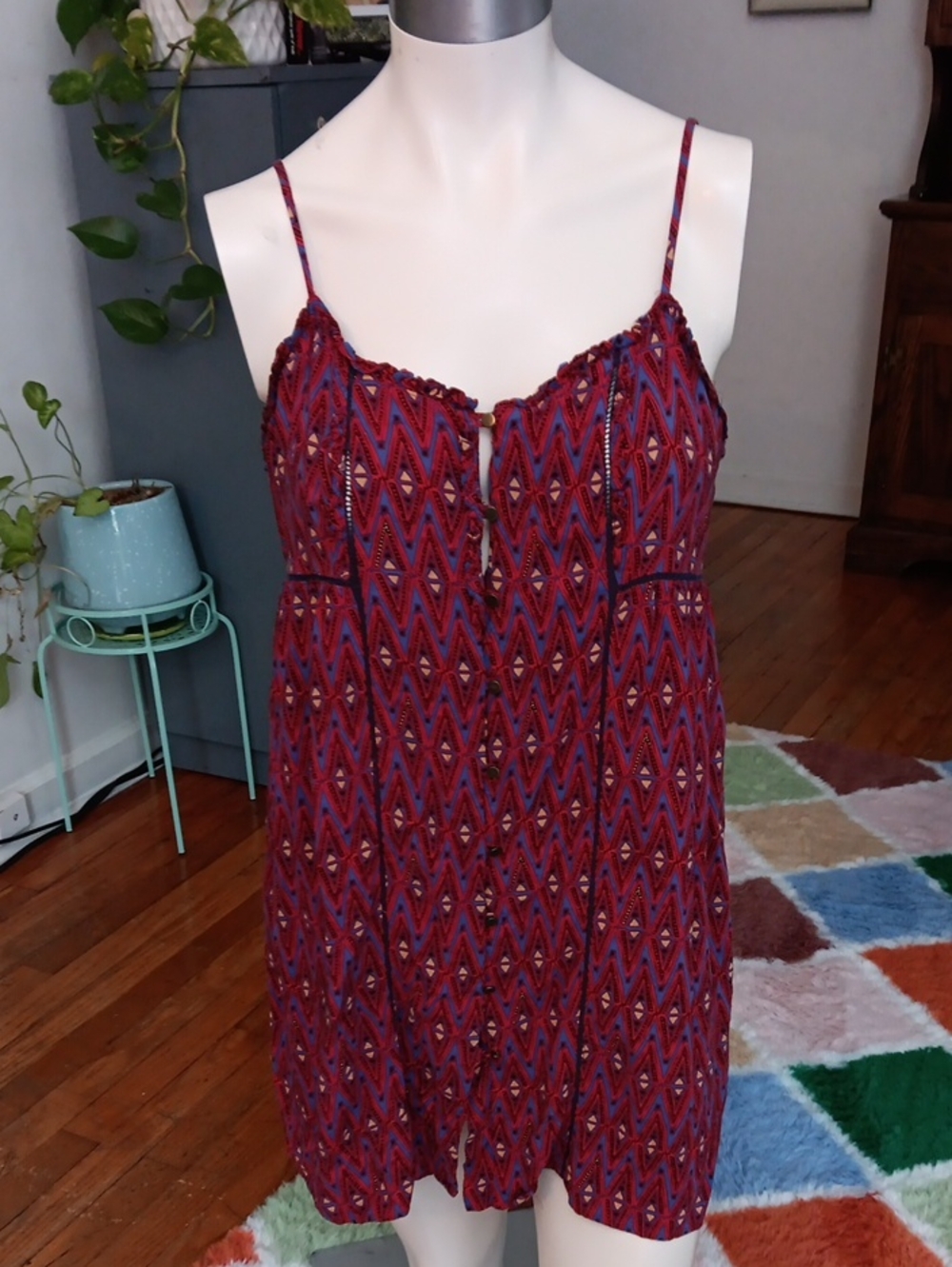 Forever 21 Red and Blue Geometric Button Front Mini Dress